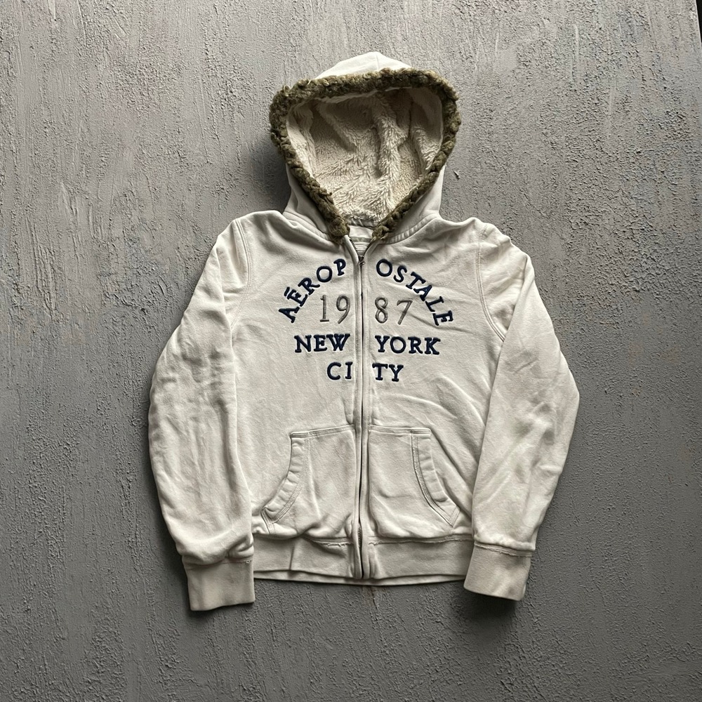 Vintage Aeropostale Hooded Zip Up Hoodie Womens XL White Y2K Faux Fur Trim